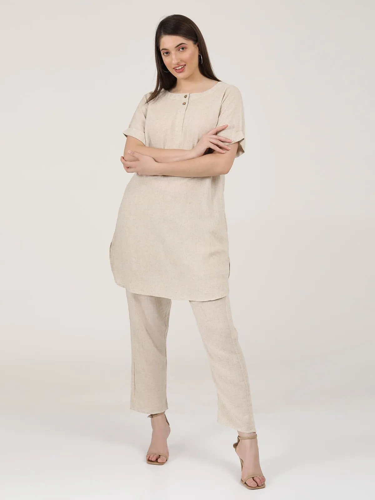 Linen Solid Poised Tunic with Tapered Leg Trousers Co-ord Set