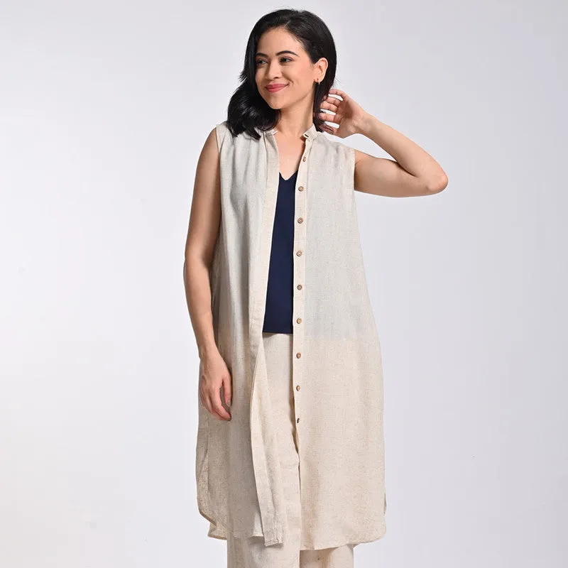 Linen Solid Tunic For Women | Band Collar | Beige