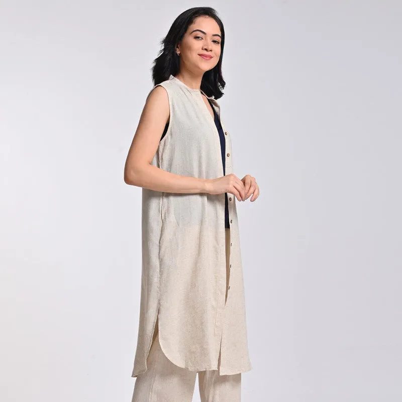 Linen Solid Tunic For Women | Band Collar | Beige