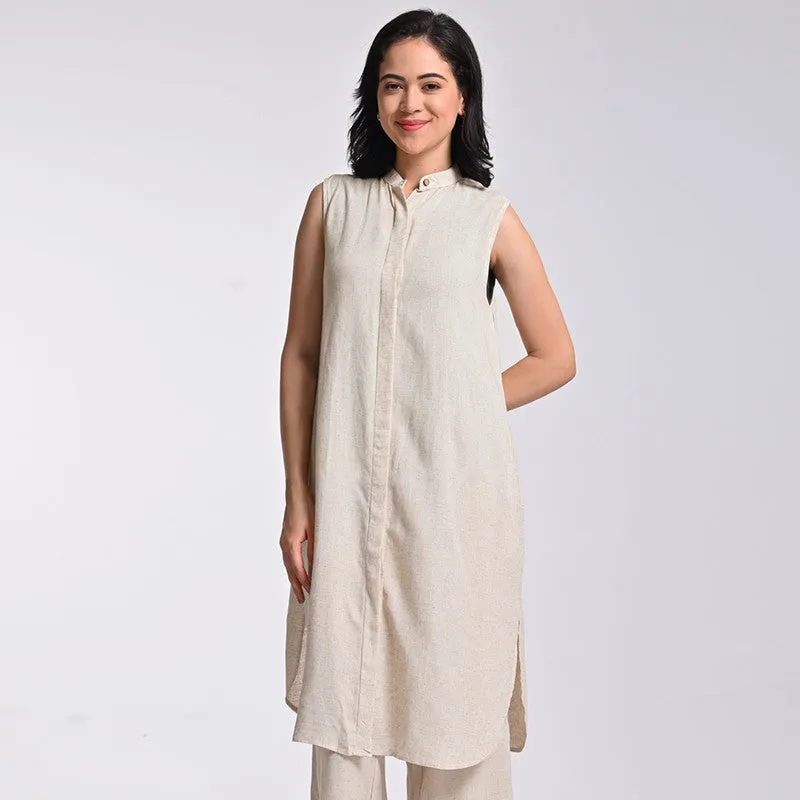 Linen Solid Tunic For Women | Band Collar | Beige