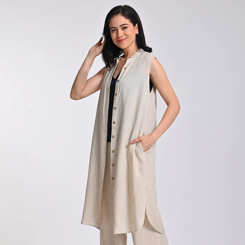 Linen Solid Tunic For Women | Band Collar | Beige