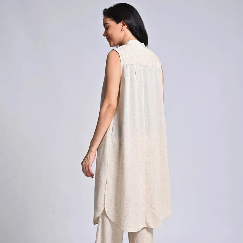 Linen Solid Tunic For Women | Band Collar | Beige