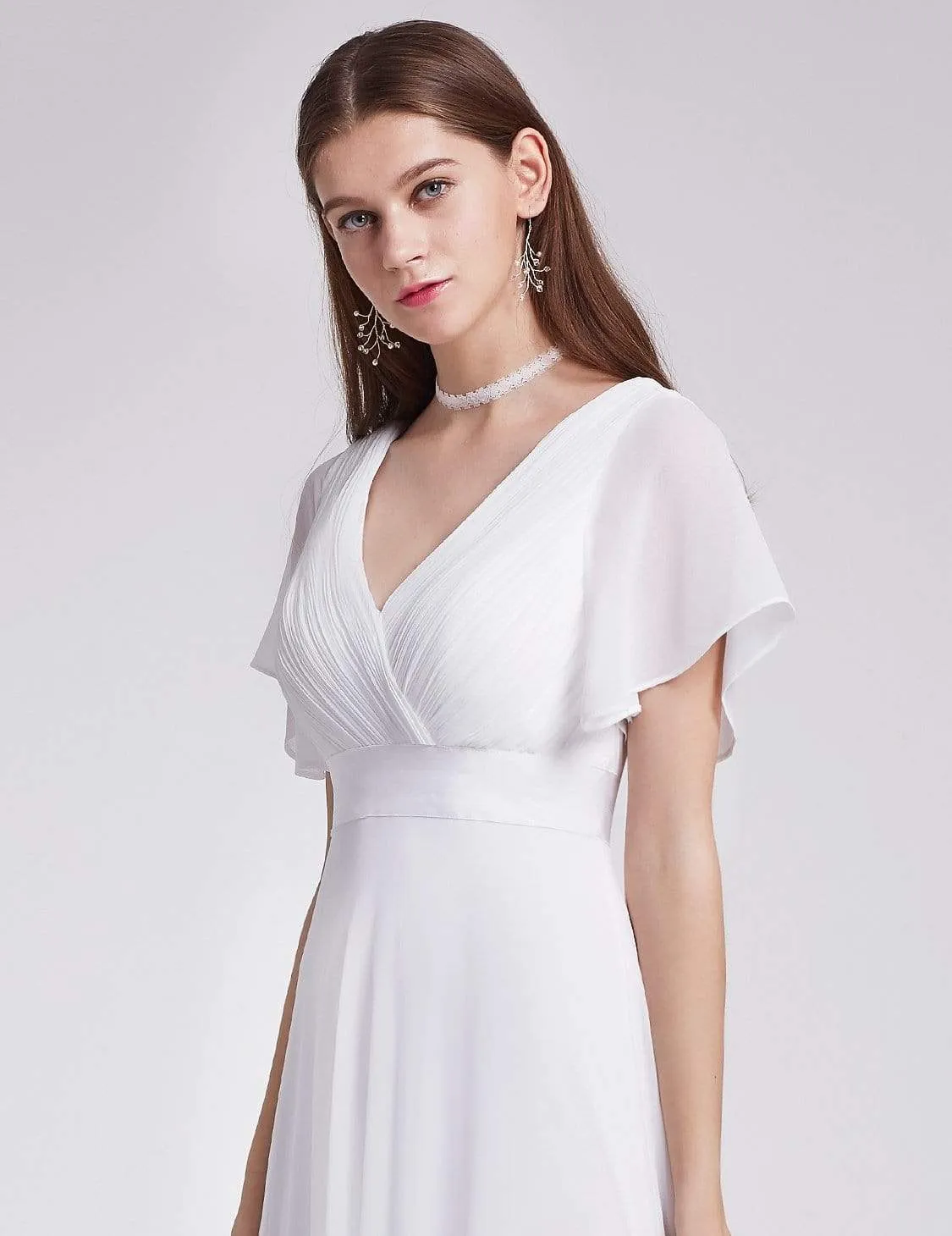 Long Chiffon Empire Waist Bridesmaid Dress with Short Flutter Sleeves