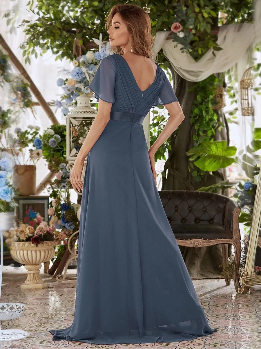 Long Chiffon Empire Waist Bridesmaid Dress with Short Flutter Sleeves