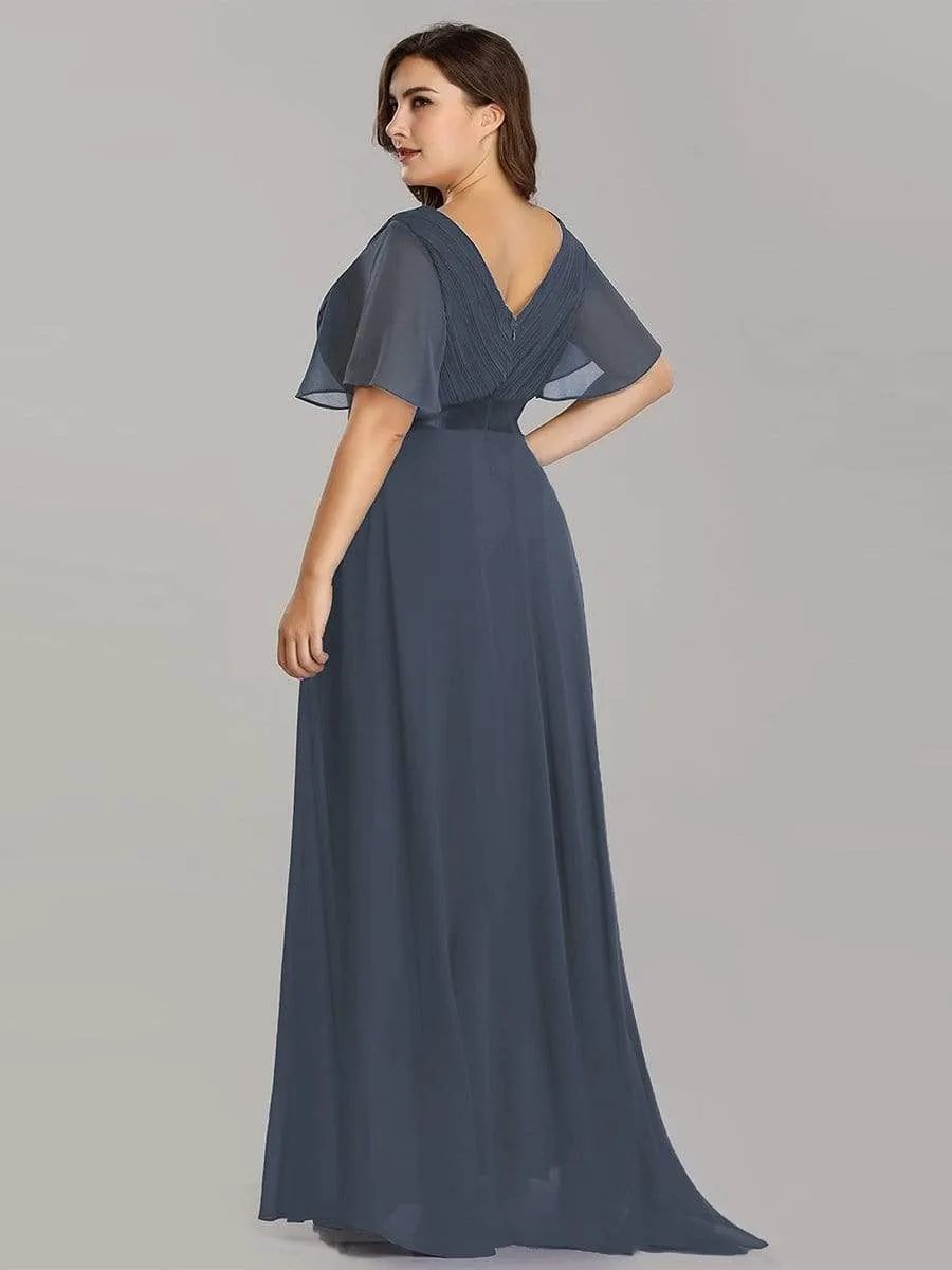 Long Chiffon Empire Waist Bridesmaid Dress with Short Flutter Sleeves