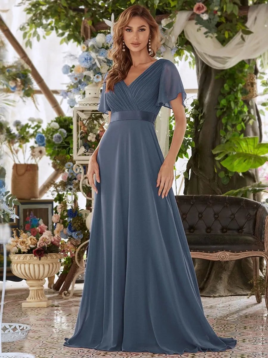 Long Chiffon Empire Waist Bridesmaid Dress with Short Flutter Sleeves