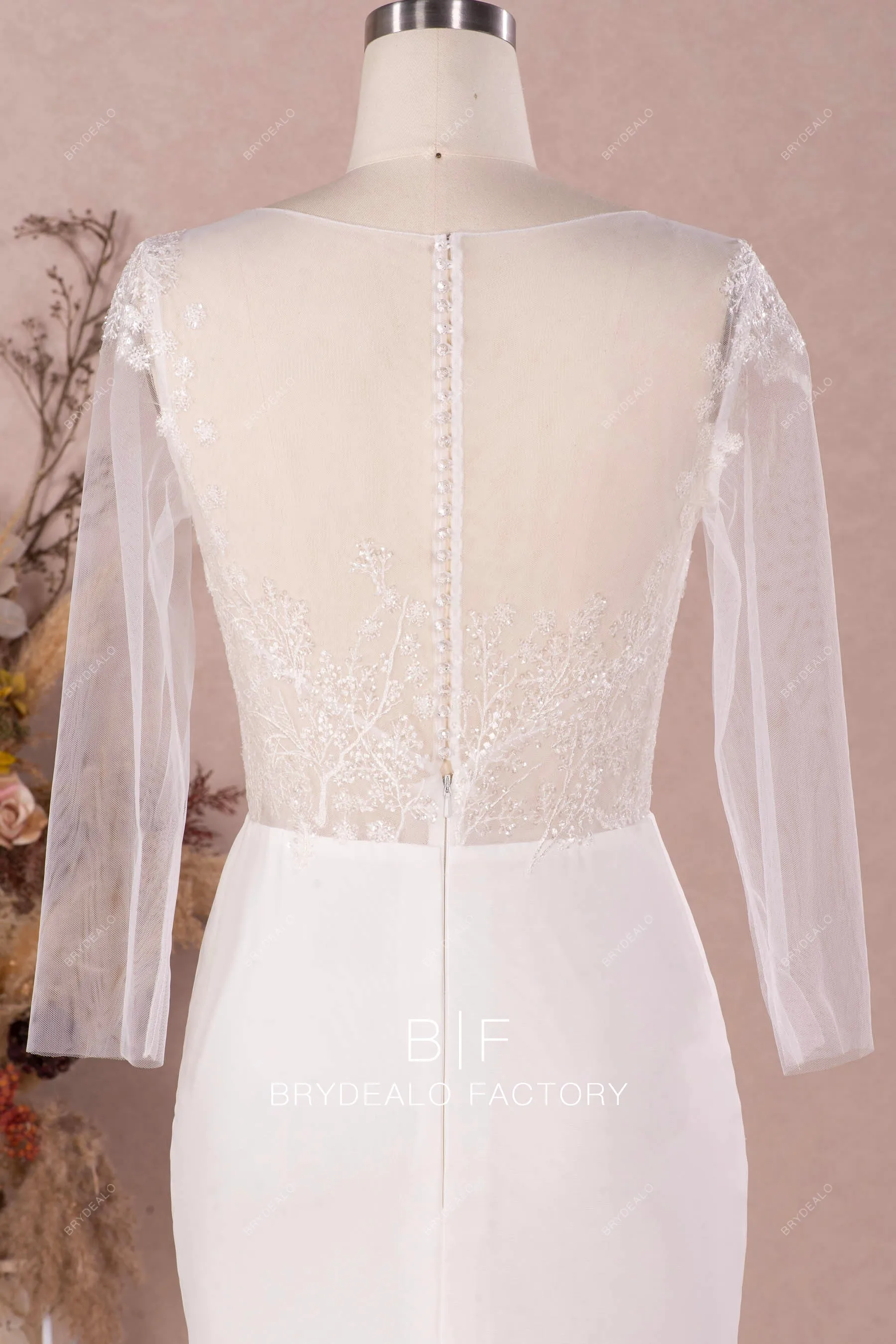 Long Sleeves Shimmery Lace Mermaid Chiffon Court Train Bridal Dress