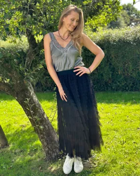 Long Tiered Tulle Skirt - Black