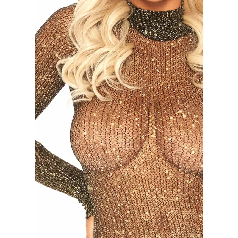 Lurex Long Sleeved High Neck Fishnet Dress - One Size - Black/ Gold