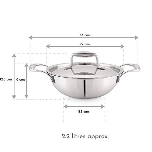 Magnus Triply Stainless Steel Kadai with Stainless Steel Lid, 22 cm, 2.2 L (Induction and Gas Stove Compatible), Silver, Small (Model Number: Triply Kadhai)