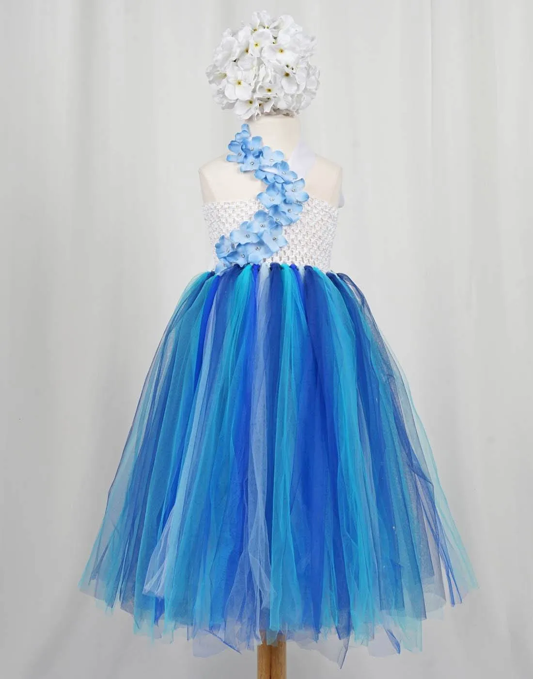 Majestic Multicolored One Shoulder Blue Floral Tulle Dress