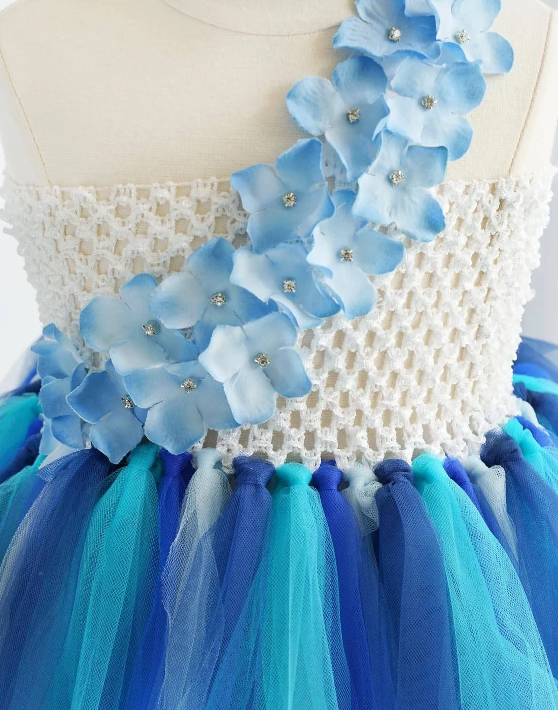 Majestic Multicolored One Shoulder Blue Floral Tulle Dress