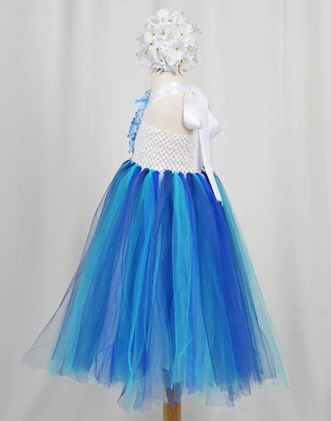 Majestic Multicolored One Shoulder Blue Floral Tulle Dress