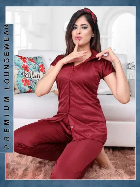 Maroon Satin Night Suit Wear Set for Ladies