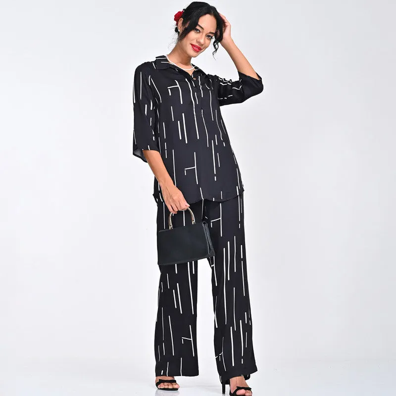 Modal Prinmod Co Ord Ord For Women | Tunic & Pant | Relaxed Fit | Black