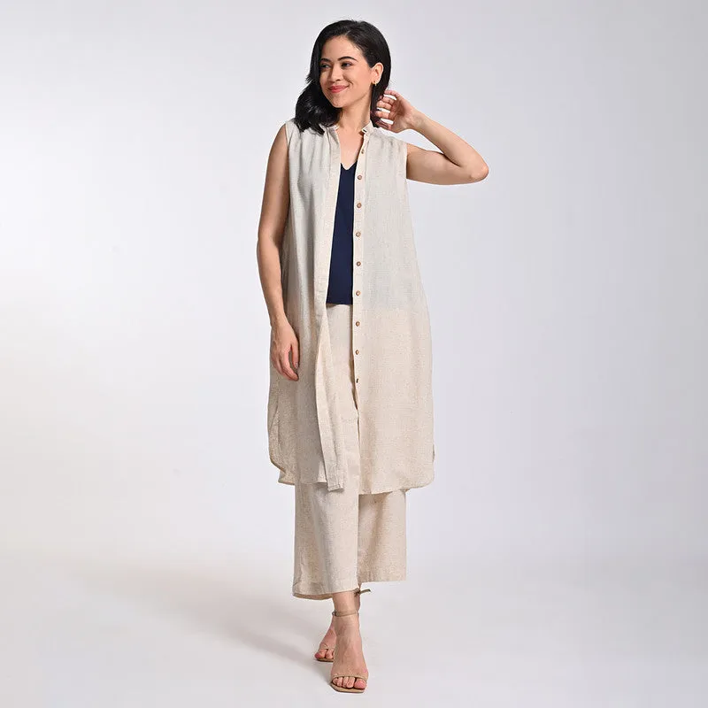 Modal Solid Co Ord Set For Women | Overlay, Top & Pant | Band Collar | Beige & Blue