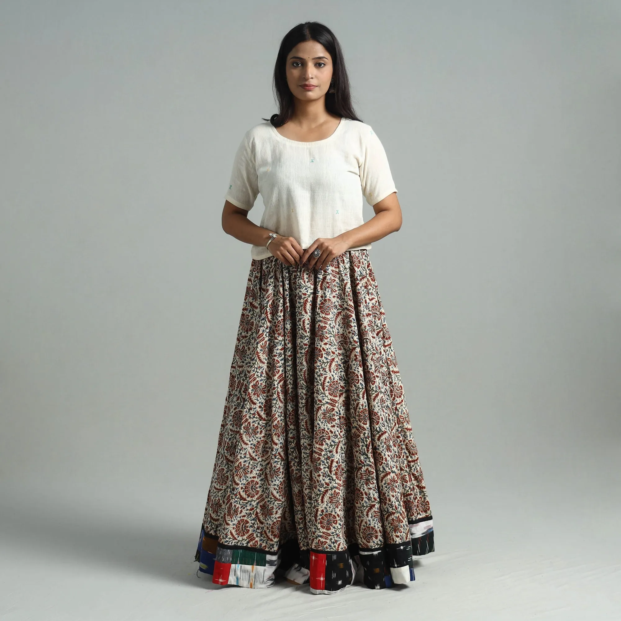 Multicolor - Hand Block Printed Cotton Long Kalamkari Skirt 09