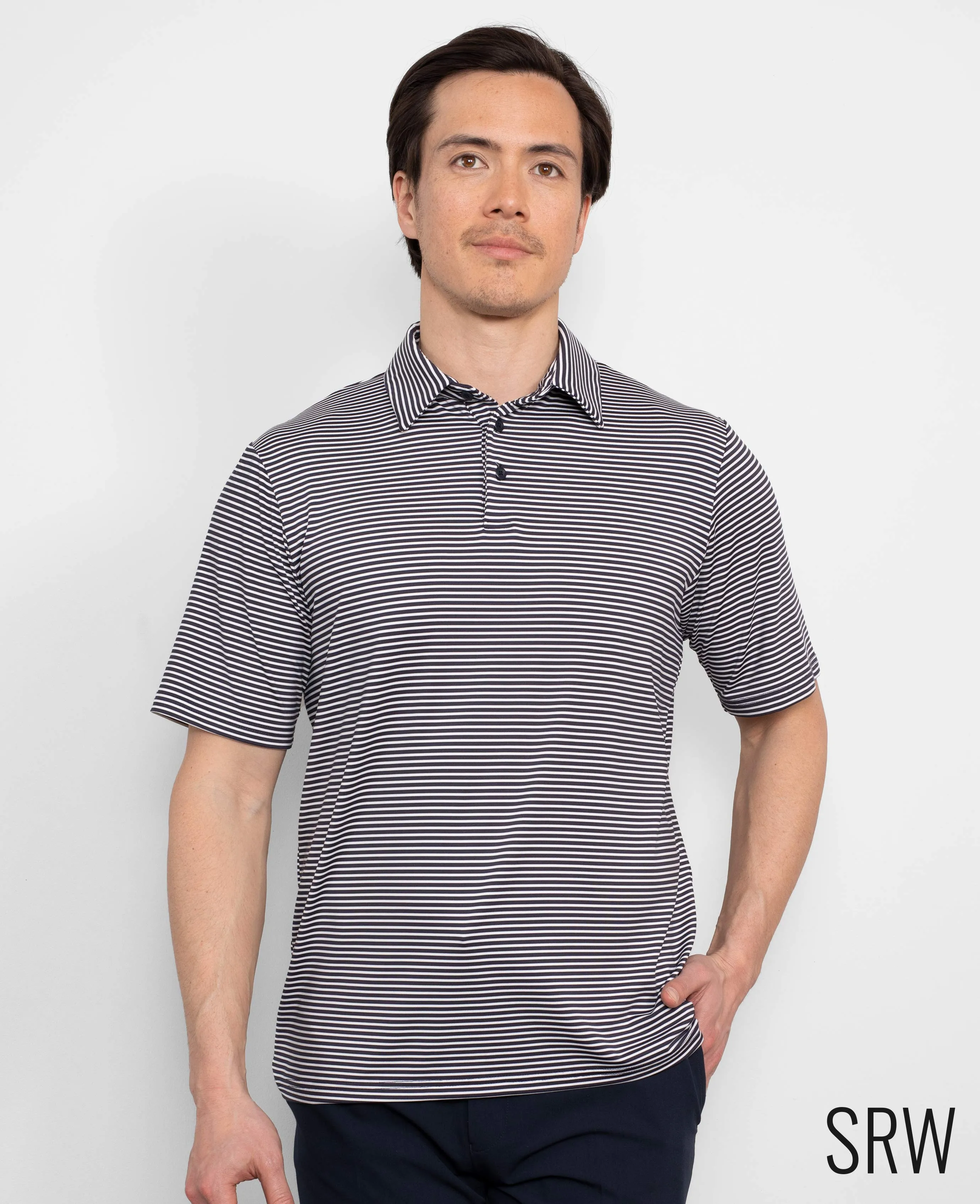 Navy White Stripe Short Sleeve Active Polo Shirt