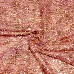 Onion Pink With Golden Floral Sequins Embroidery Net Imported Fabric