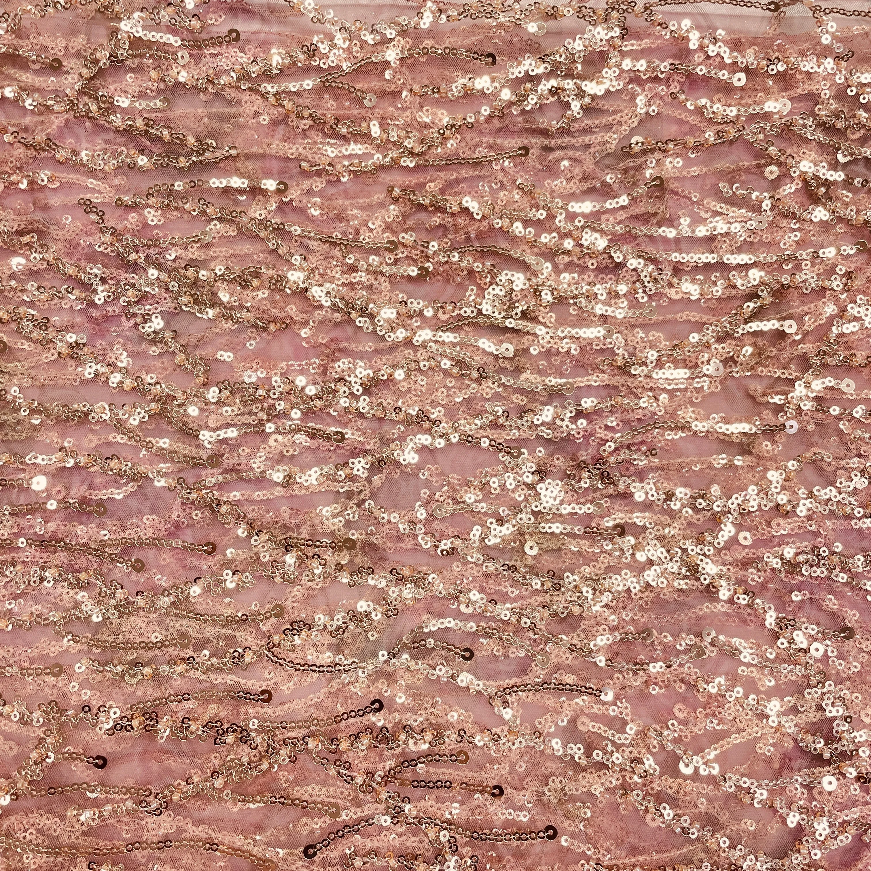 Onion Pink With Golden Floral Sequins Embroidery Net Imported Fabric