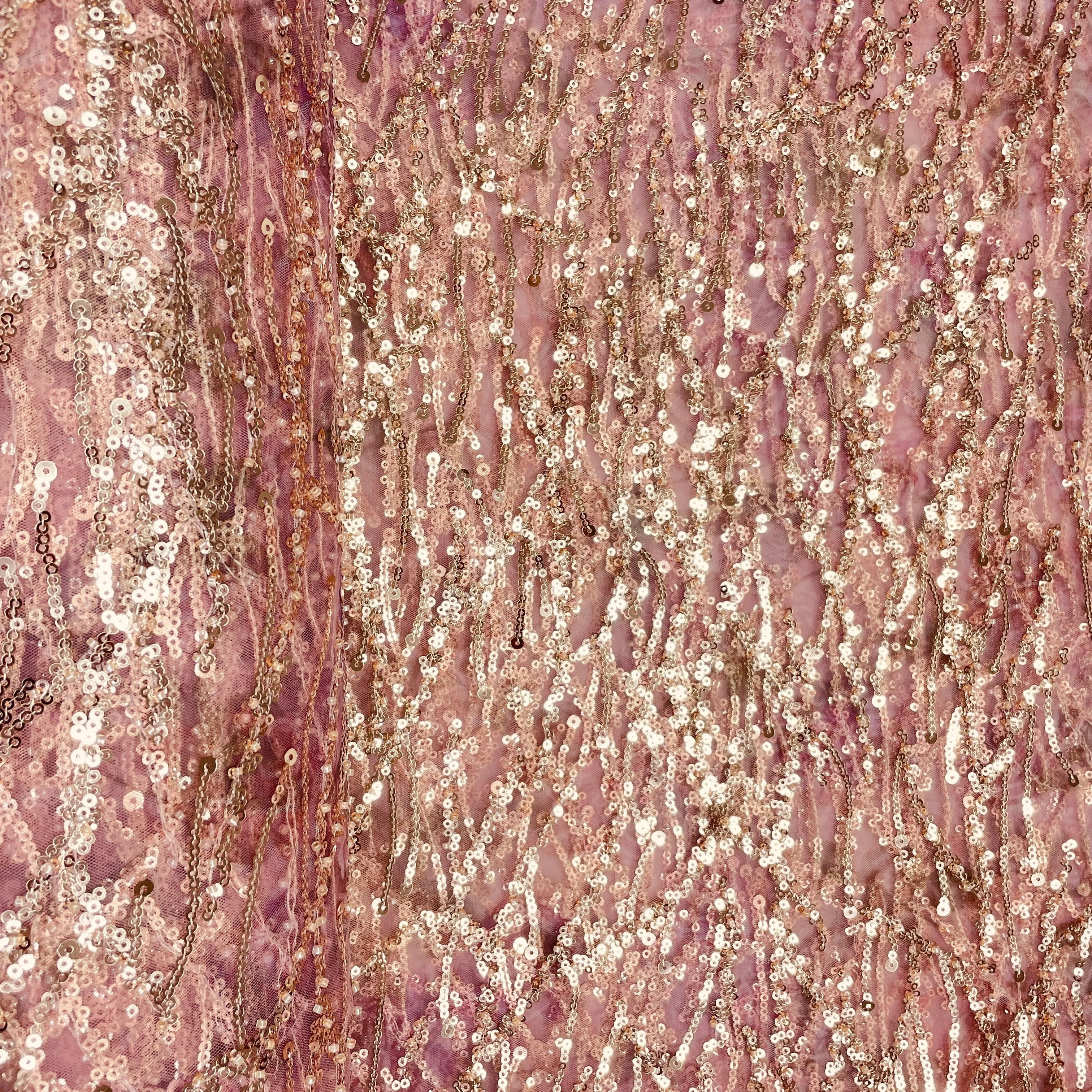 Onion Pink With Golden Floral Sequins Embroidery Net Imported Fabric