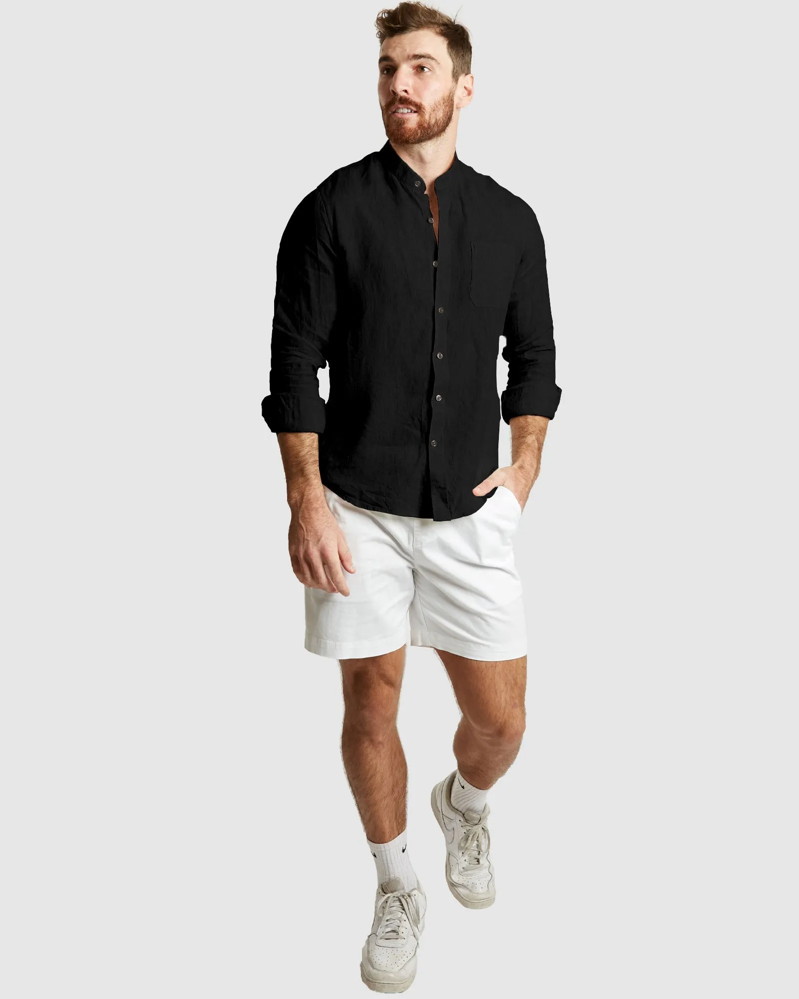 Palma-Casual Black Mandarin Collar Linen Shirt