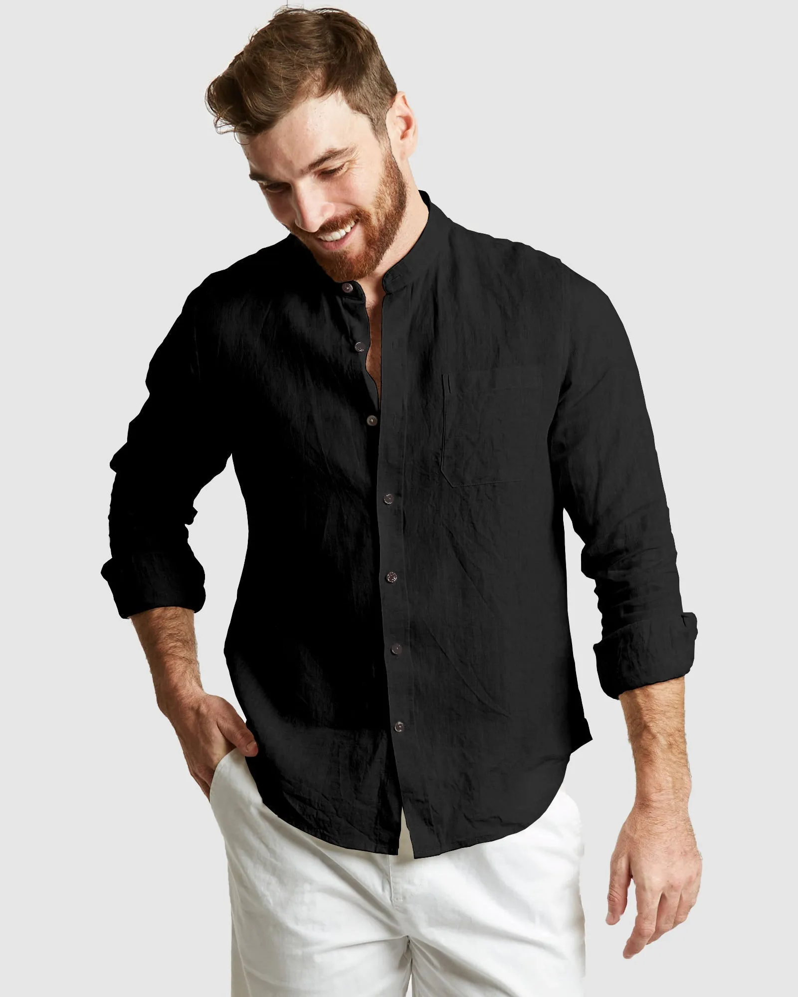 Palma-Casual Black Mandarin Collar Linen Shirt