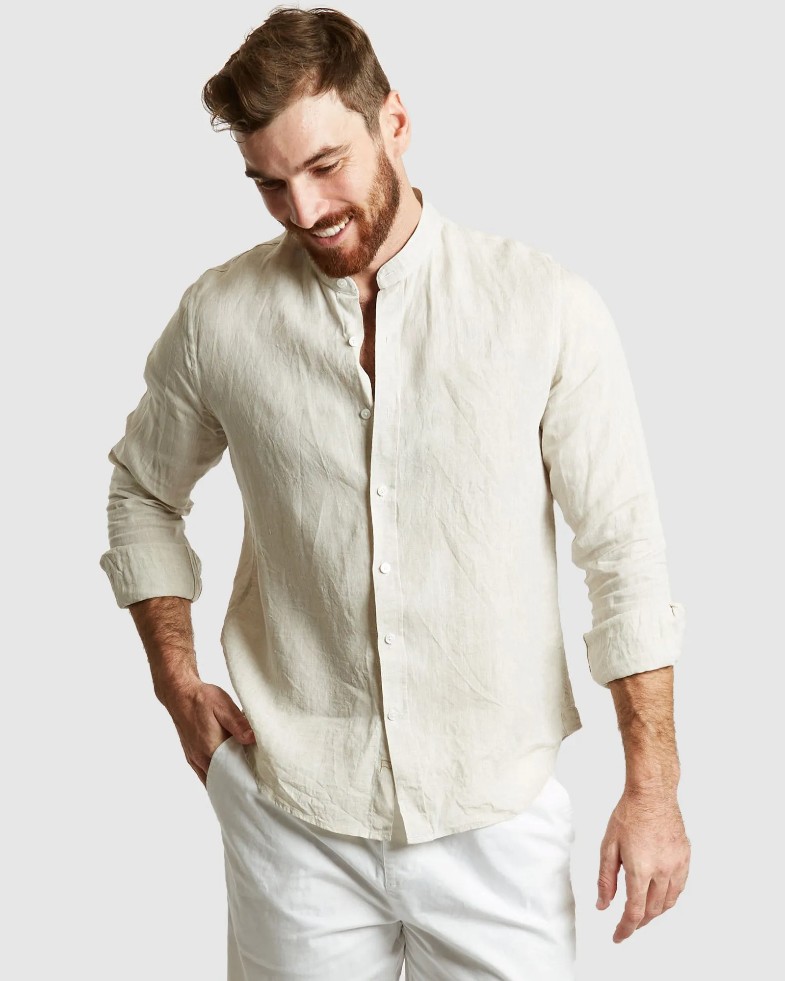 Palma-Casual Sand Mandarin Collar Linen Shirt