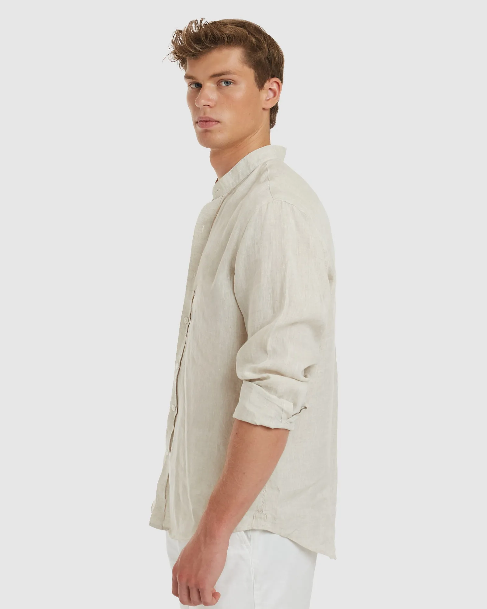 Palma-Casual Sand Mandarin Collar Linen Shirt