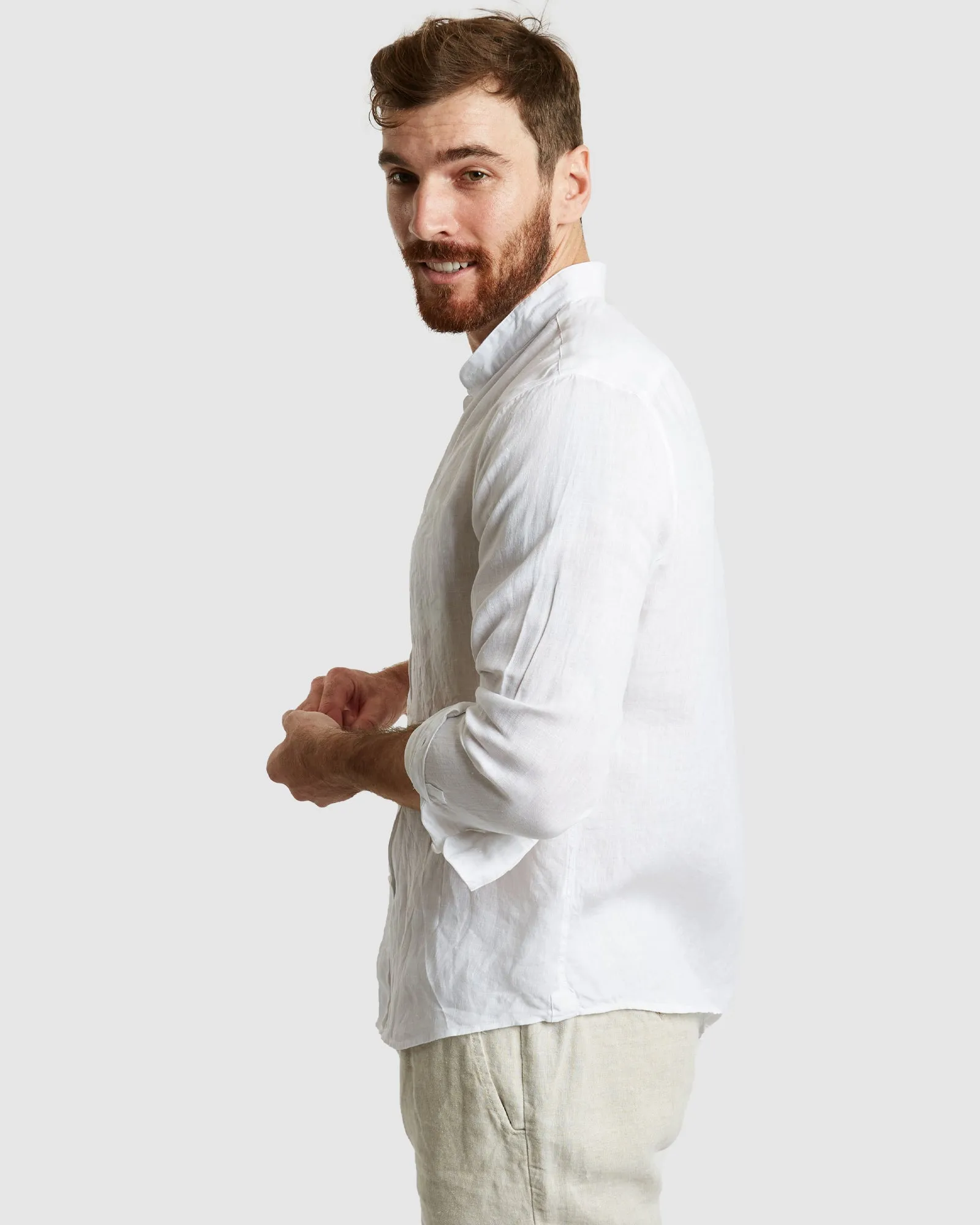 Palma-Casual White Mandarin Collar Linen Shirt