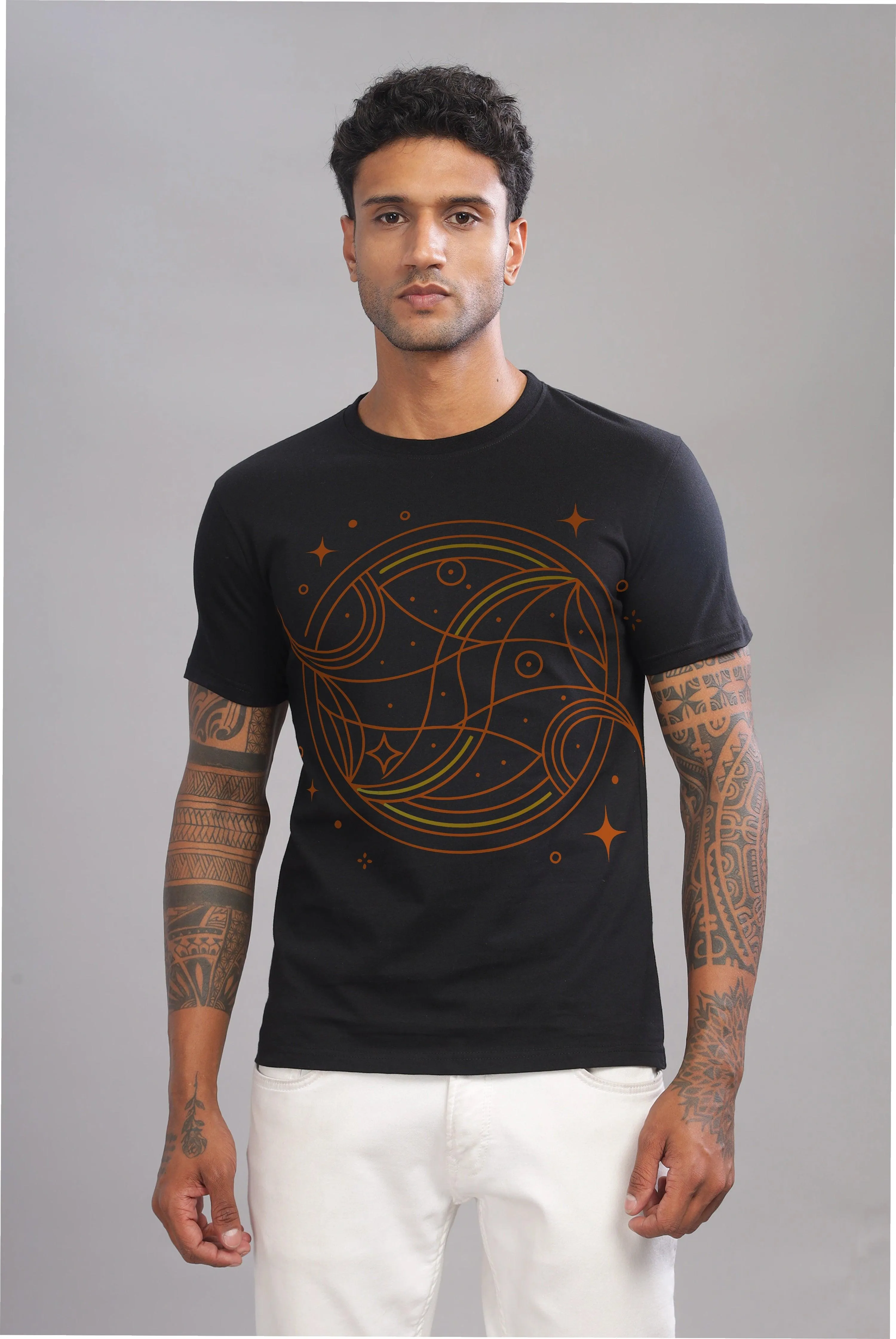 Peaceful Piscean Black Half Sleeve Printed Round Neck T-Shirt