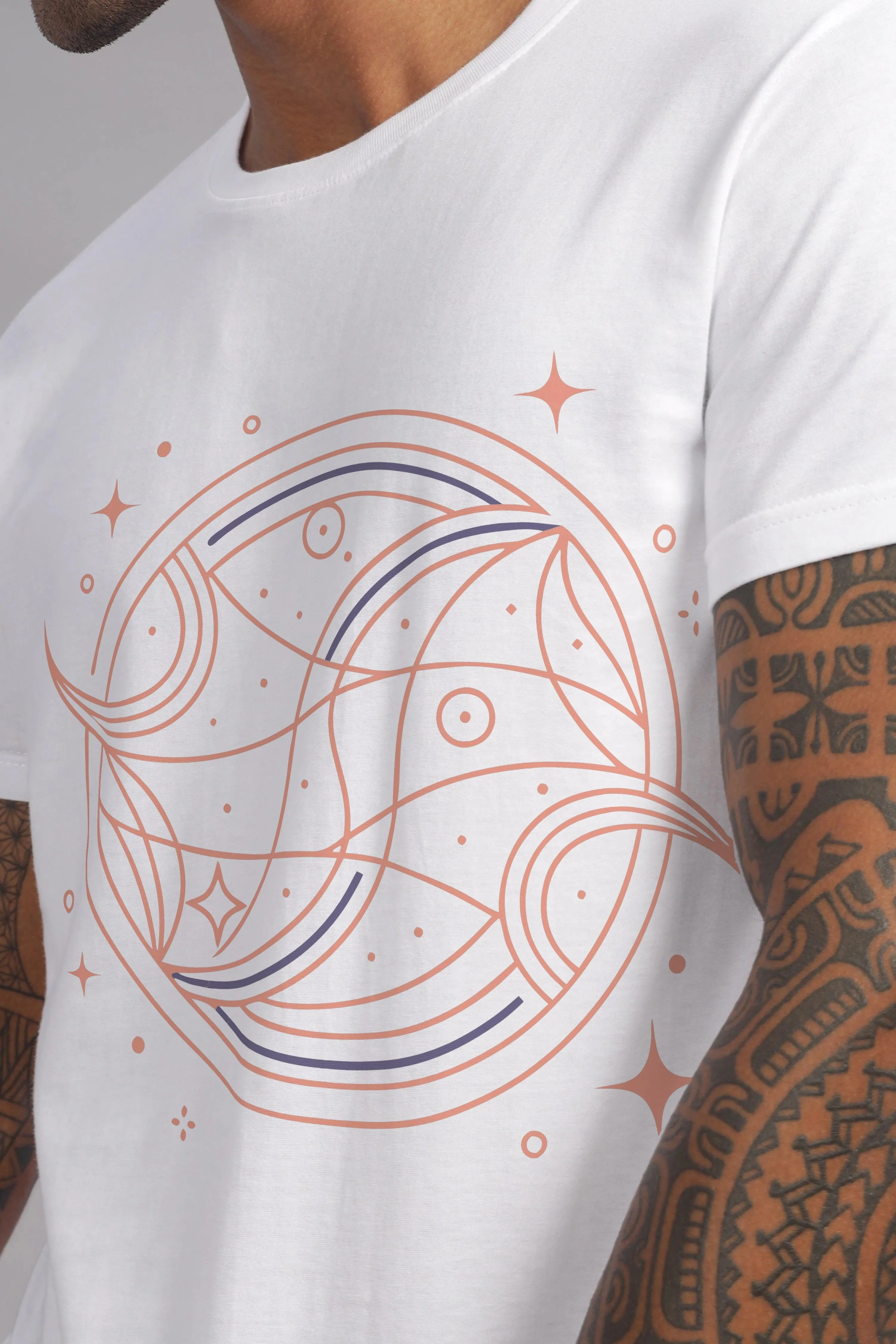 Peaceful Piscean White Half Sleeve Printed Round Neck T-Shirt