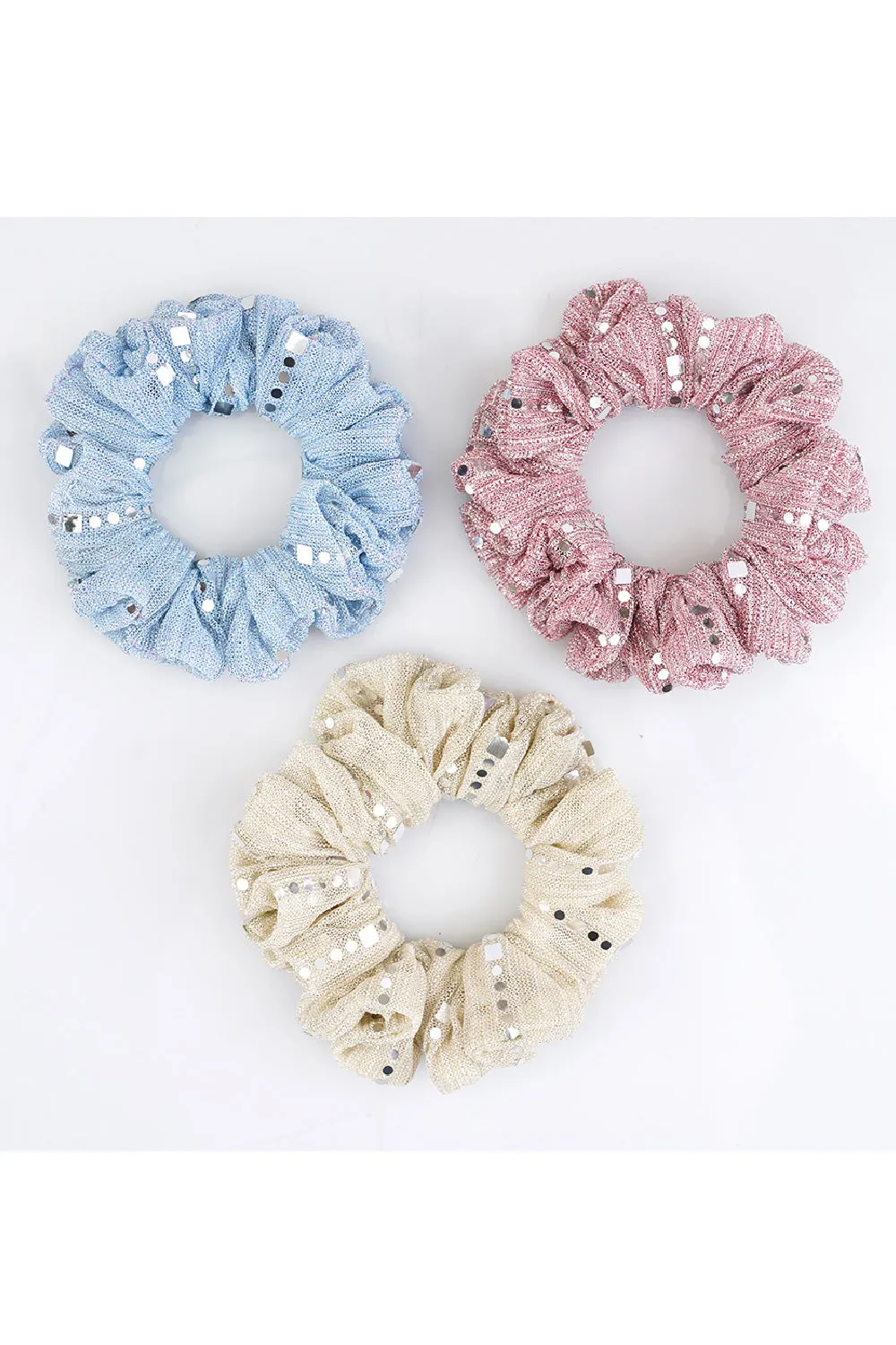 Pink, Blue And White Shimmery Scrunchies - Set Of 3