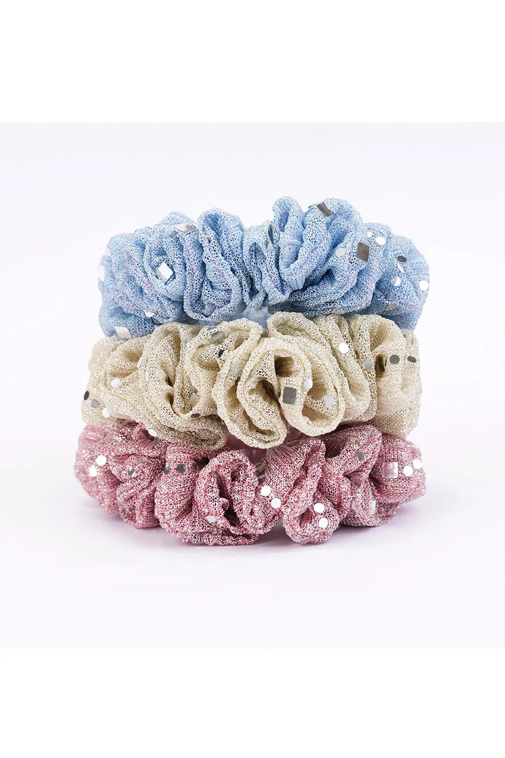 Pink, Blue And White Shimmery Scrunchies - Set Of 3