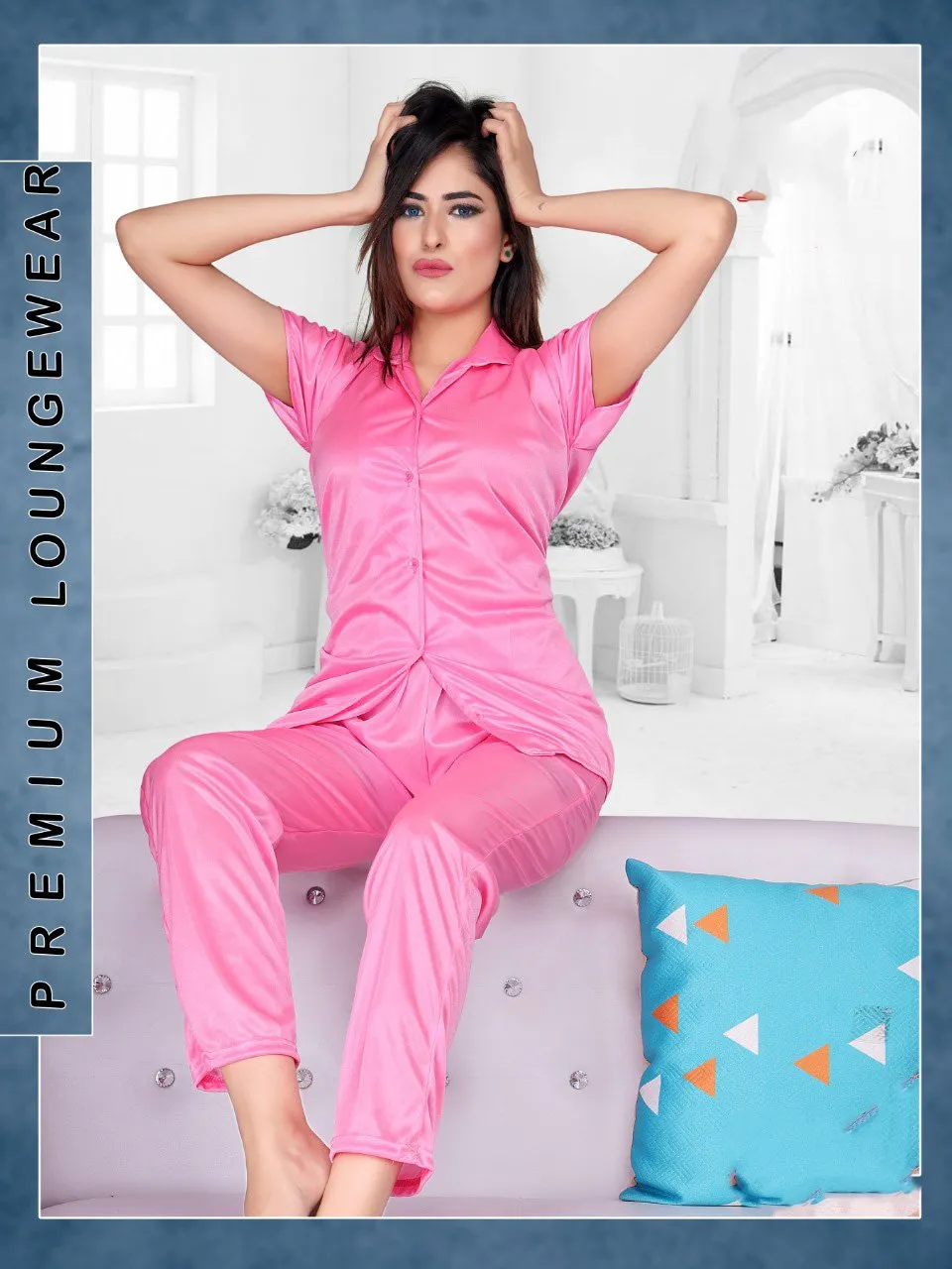 Pink Night Dress Satin Pyjama Set For Ladies