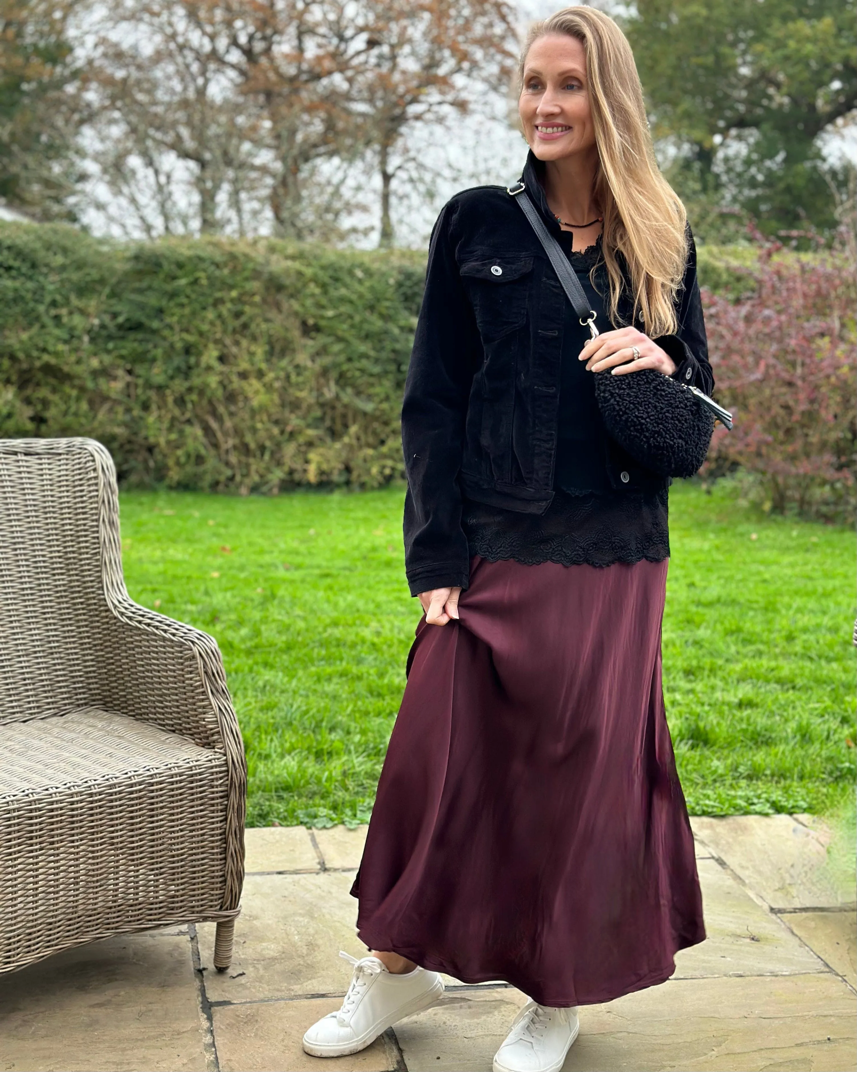 Plain Satin Skirt - Burgundy