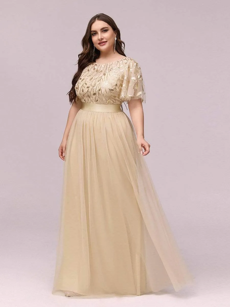 Plus Size Women's Embroidery Evening Dresses with Short Sleeve