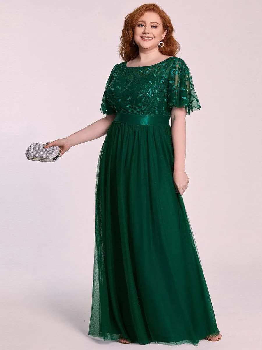 Plus Size Women's Embroidery Evening Dresses with Short Sleeve