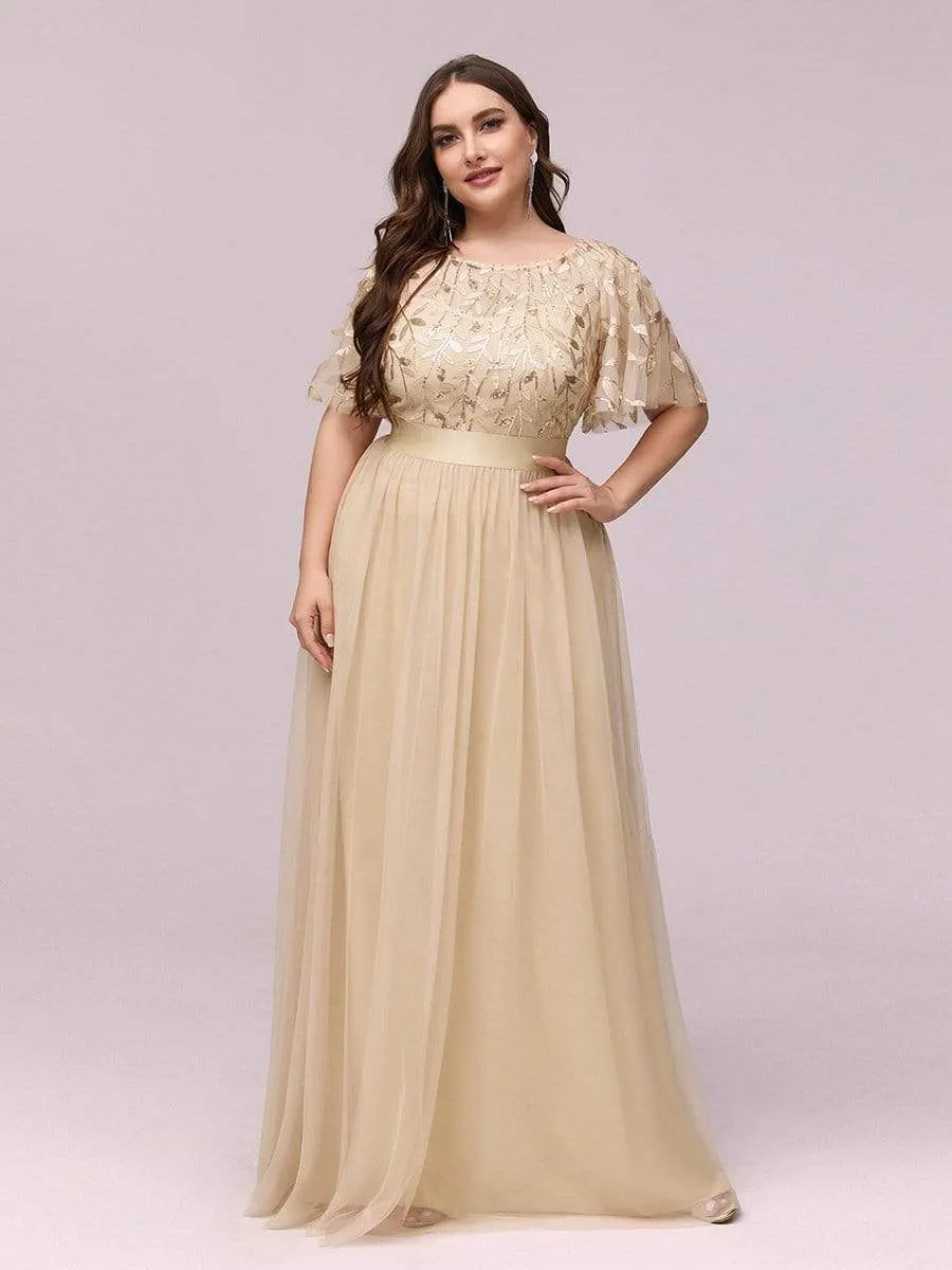 Plus Size Women's Embroidery Evening Dresses with Short Sleeve