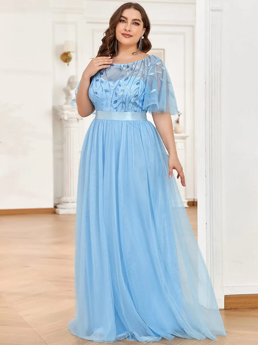 Plus Size Women's Embroidery Evening Dresses with Short Sleeve