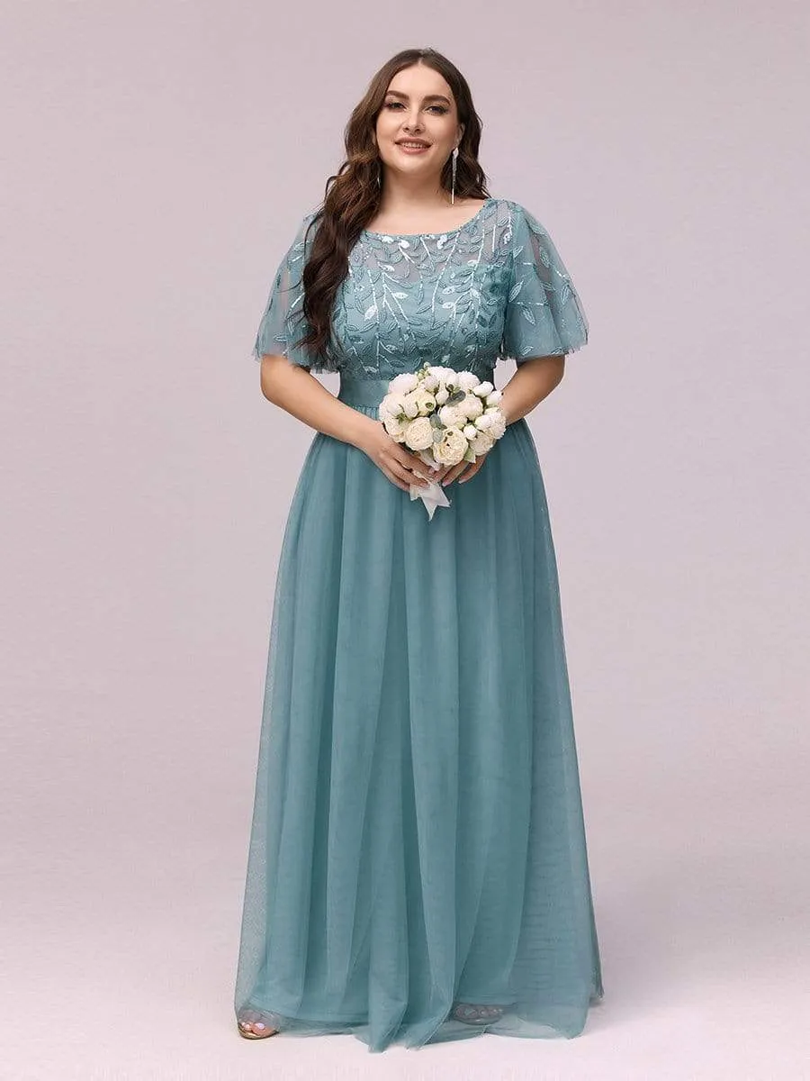 Plus Size Women's Embroidery Evening Dresses with Short Sleeve