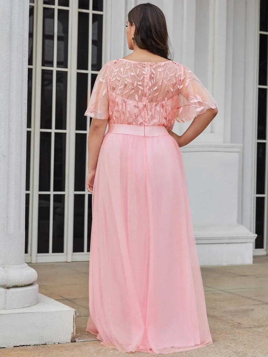 Plus Size Women's Embroidery Evening Dresses with Short Sleeve