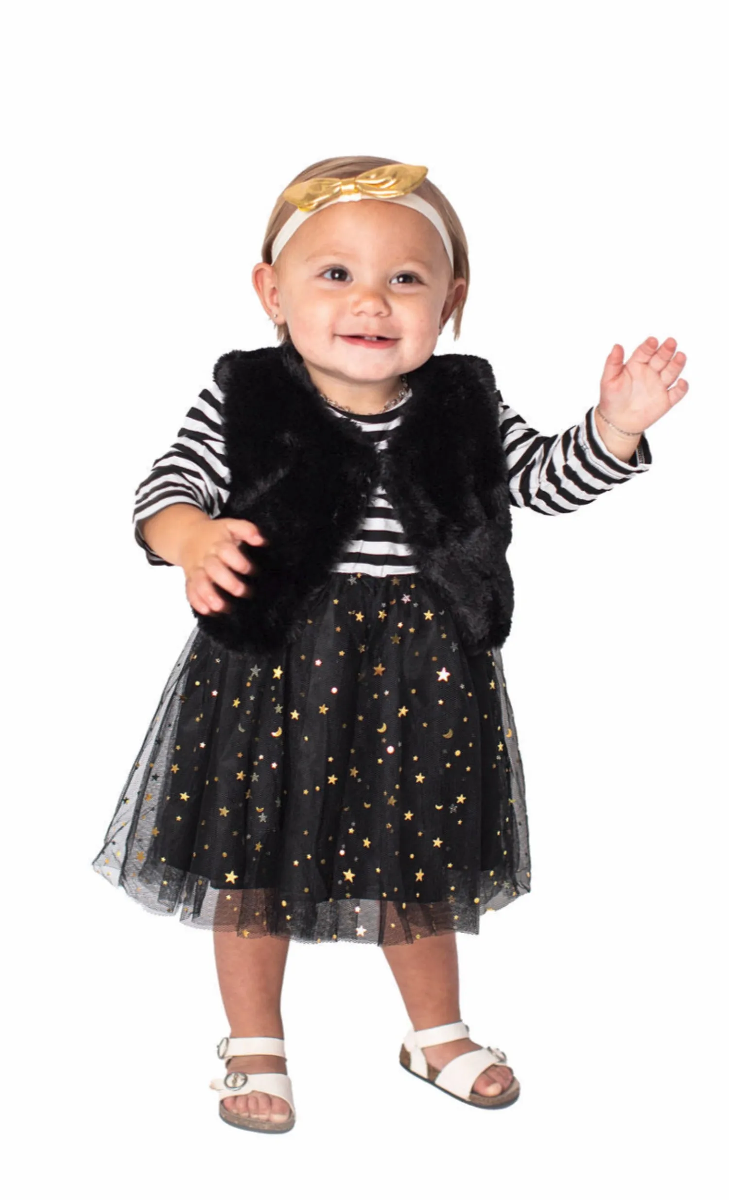 Popatu Baby Girls Black and white Stripe Dress with Faux Fur Vest- 2 Pc Set