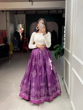 Purple Color Digital Print Cora Chex Zari Border Co-Ord Set Lehenga Choli