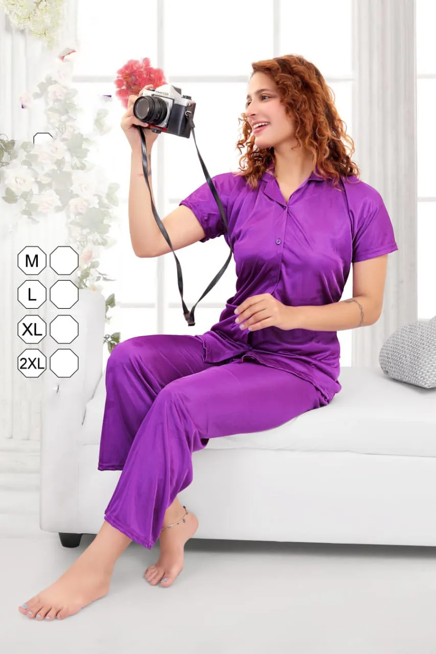 Purple satin night suits Combo Set for Ladies