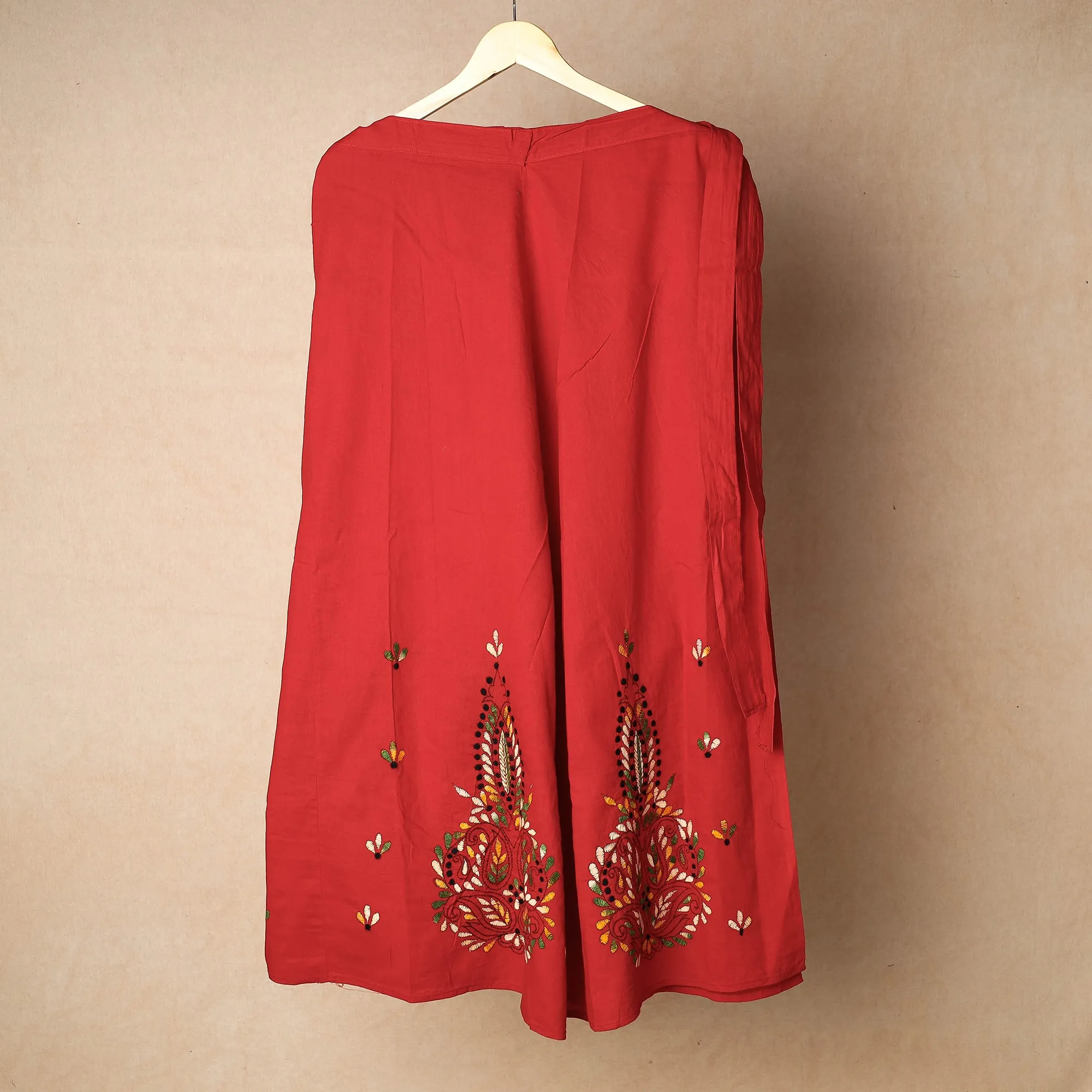 Red - Bengal Kantha Embroidery Cotton Wrap Around Skirt