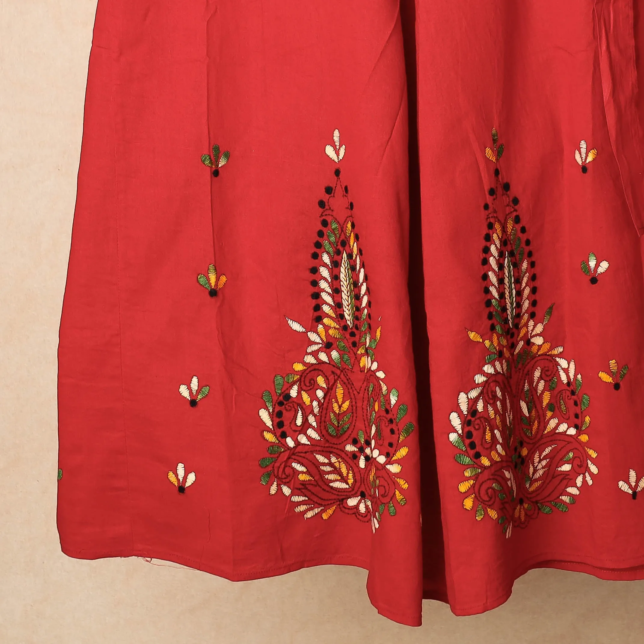 Red - Bengal Kantha Embroidery Cotton Wrap Around Skirt