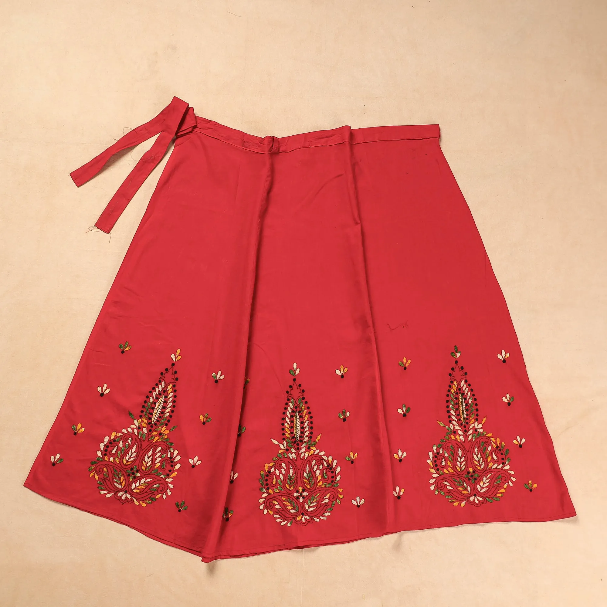 Red - Bengal Kantha Embroidery Cotton Wrap Around Skirt