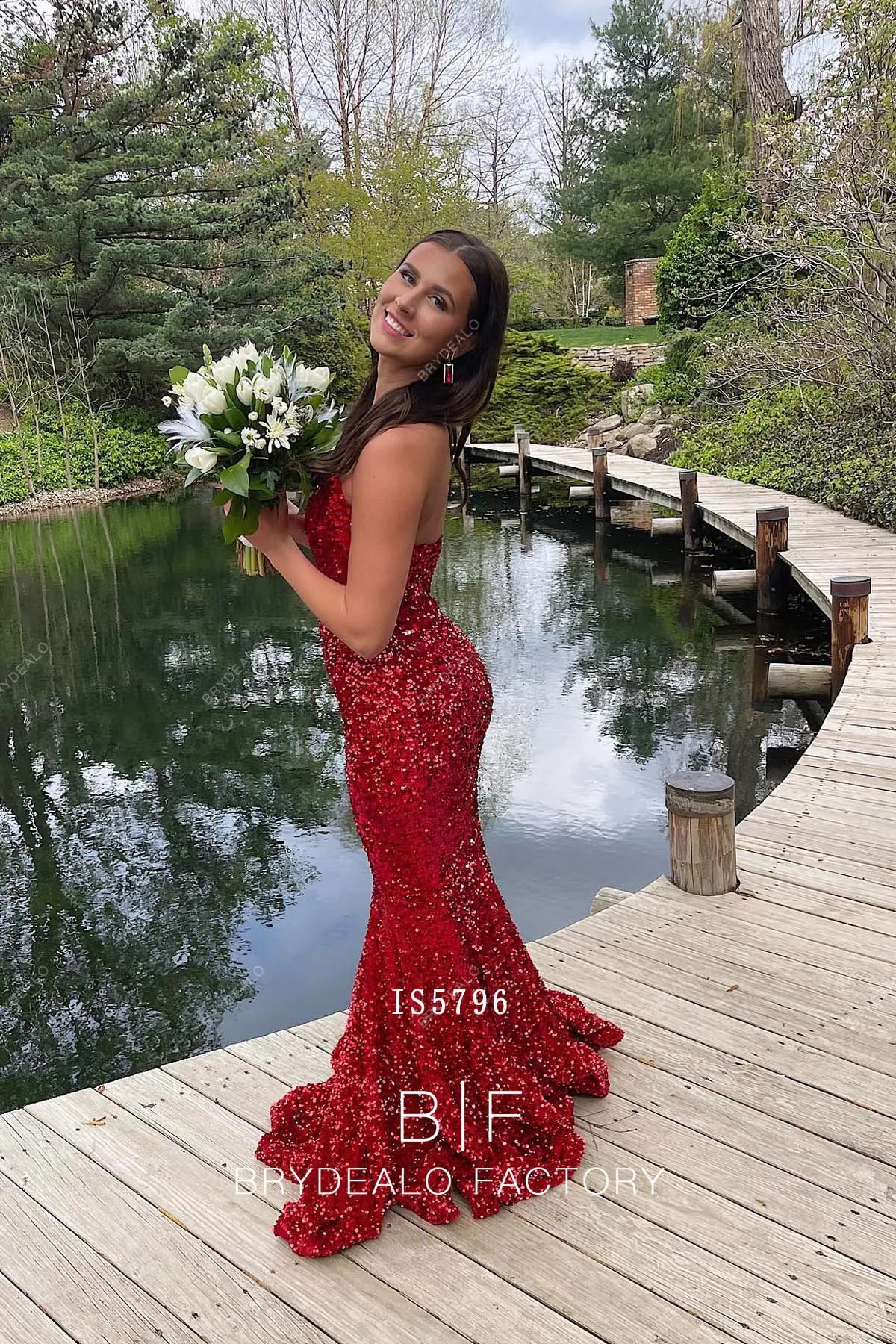 Red Sequins Shimmery Strapless Plunging Mermaid Prom Dress