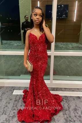 Red Sequins Shimmery Strapless Plunging Mermaid Prom Dress